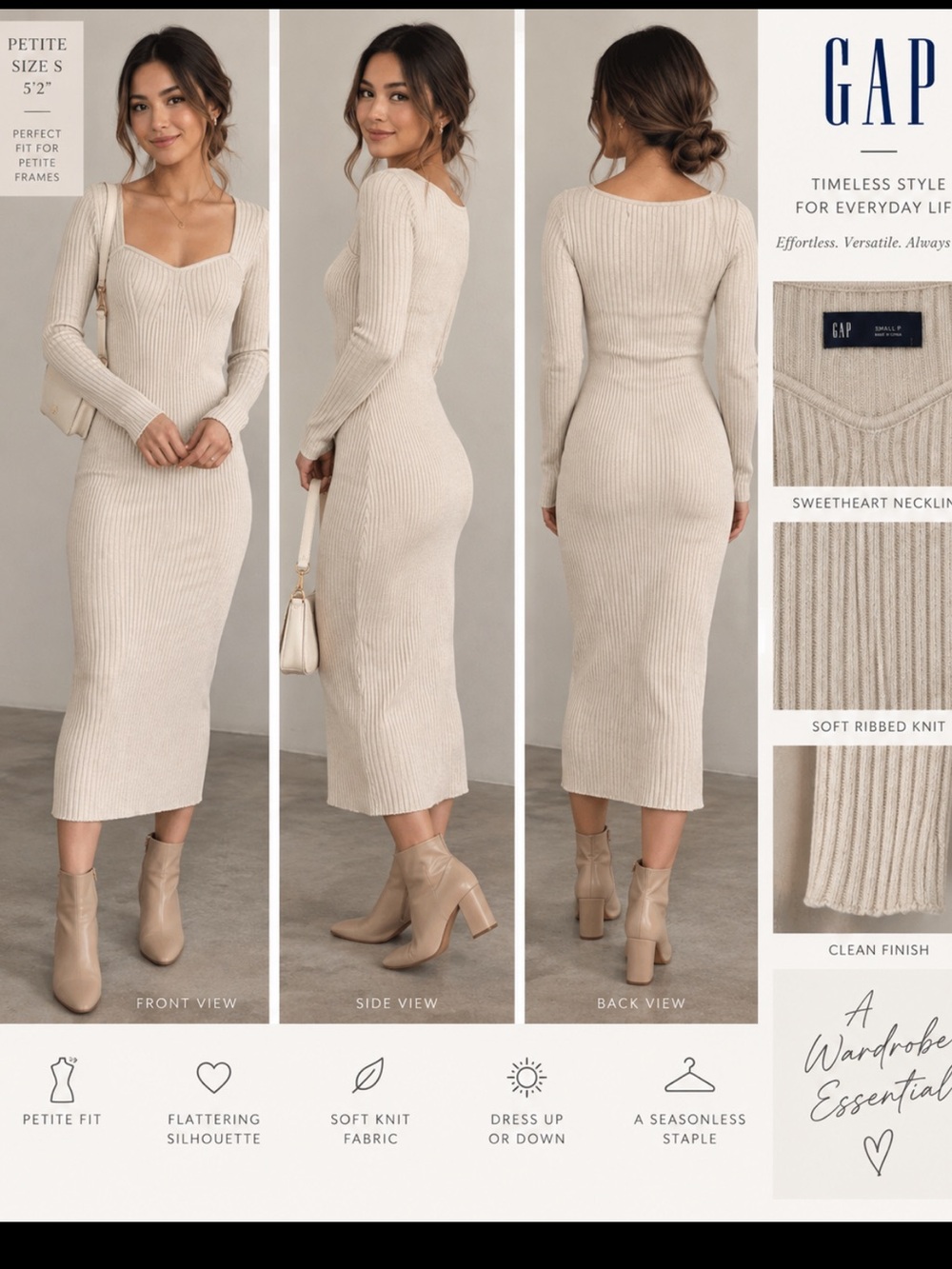 GAP Cream Ribbed petite S. Knit Midi Dress long sleeve fitted.